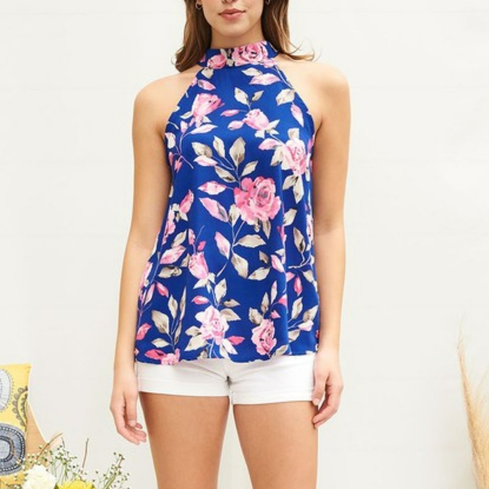 New With Tags FSL Apparel Royal Blue Floral Halter Top